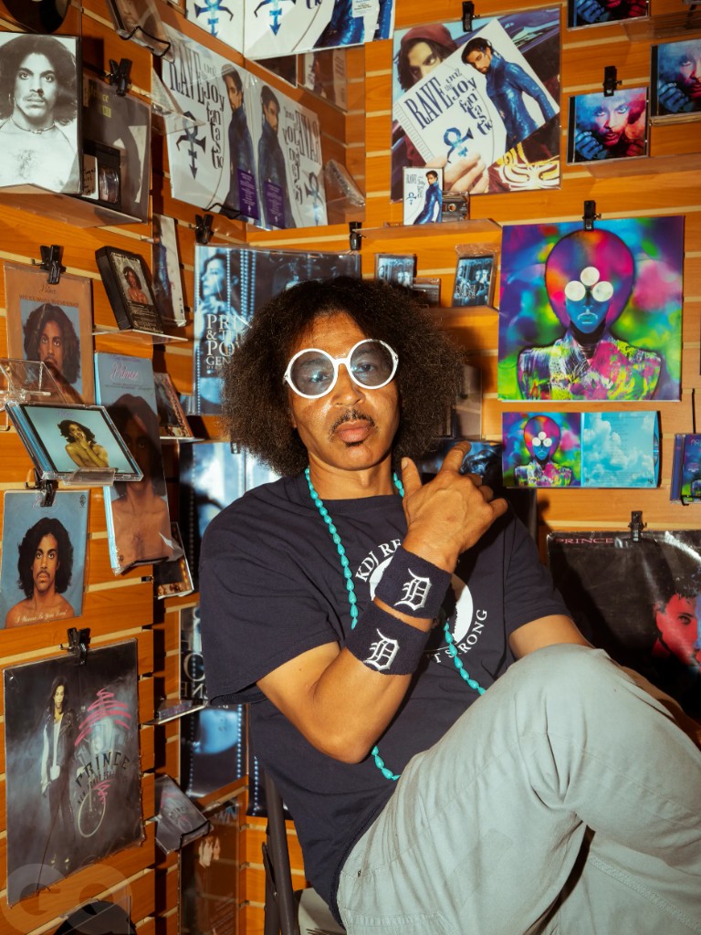 Moodymann portrait at Prince memorabilia wall